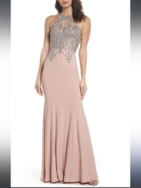 Xscape embellished embroidered gown in pink